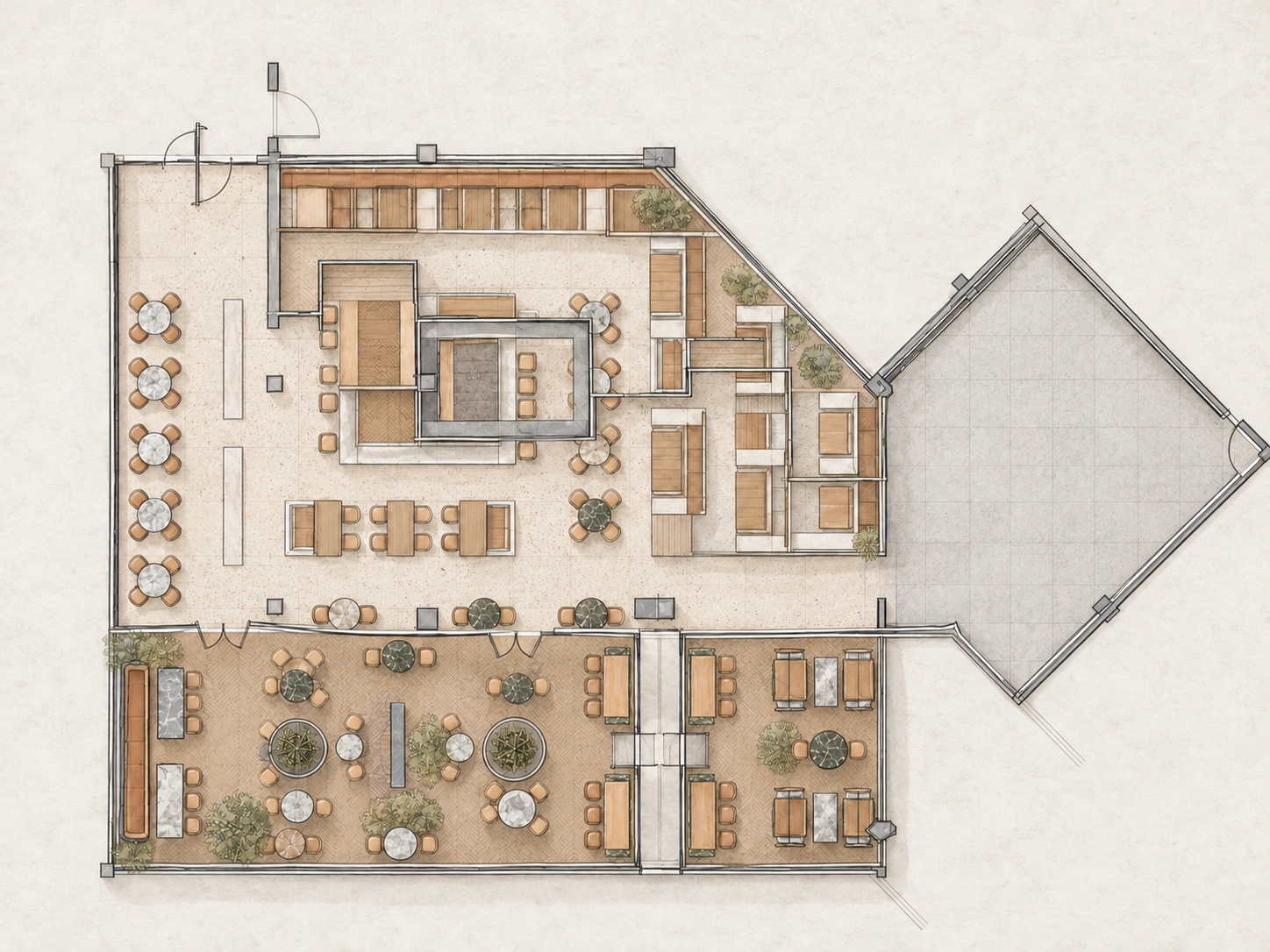 SOCIAL Vashi — Spatial concept plan. The first sketch establishes the central bar, stepped partitions and seating zones.