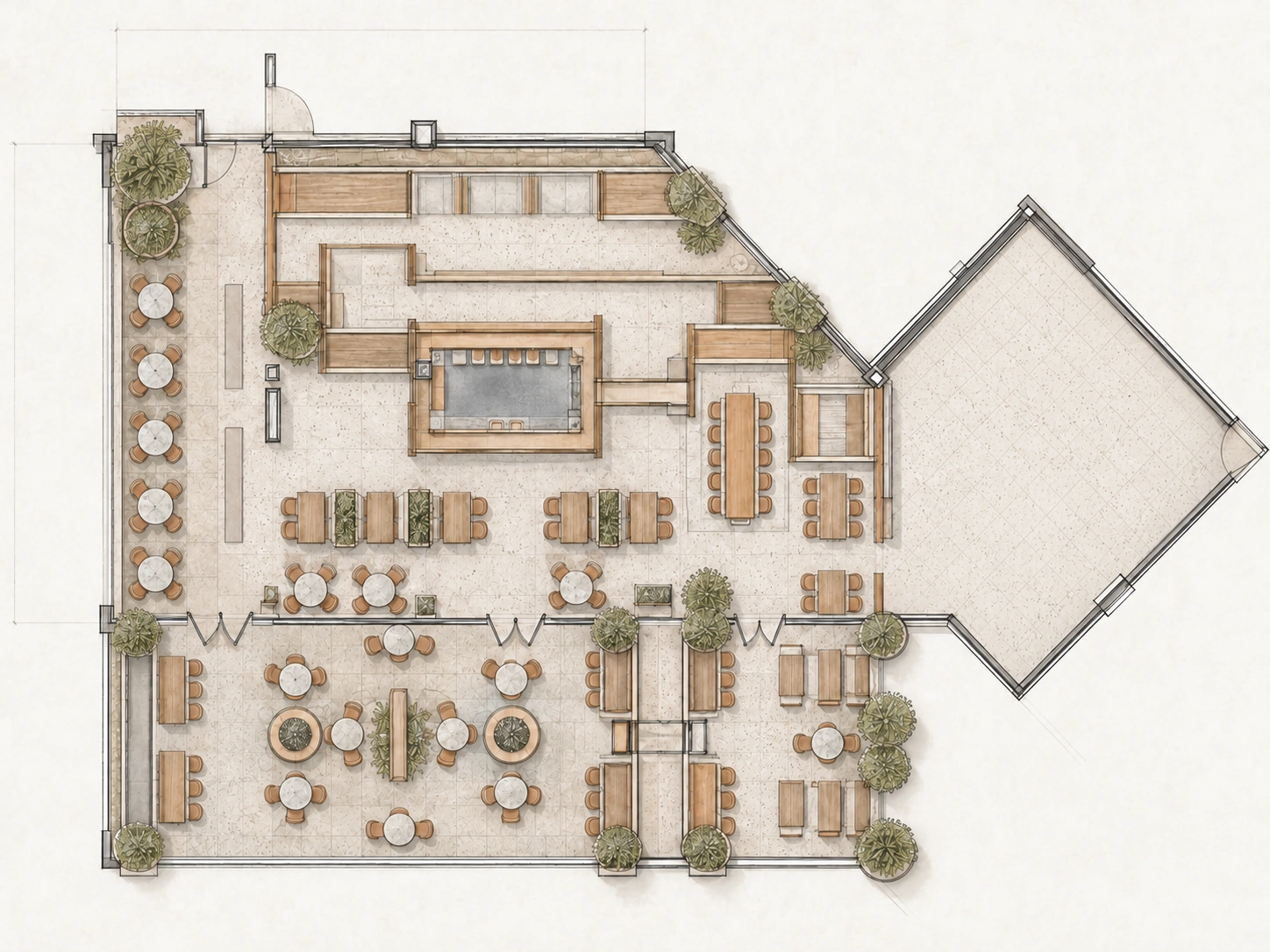 SOCIAL Vashi — Seating and planting plan. The developed sketch adds varied seating and planting around the bar and along the perimeter.