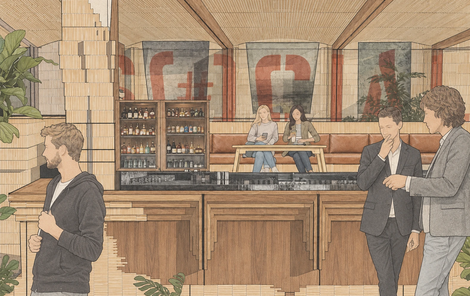 SOCIAL Vashi — Bar concept elevation. The early bar study combines stepped masonry, a layered counter front and seating beyond.