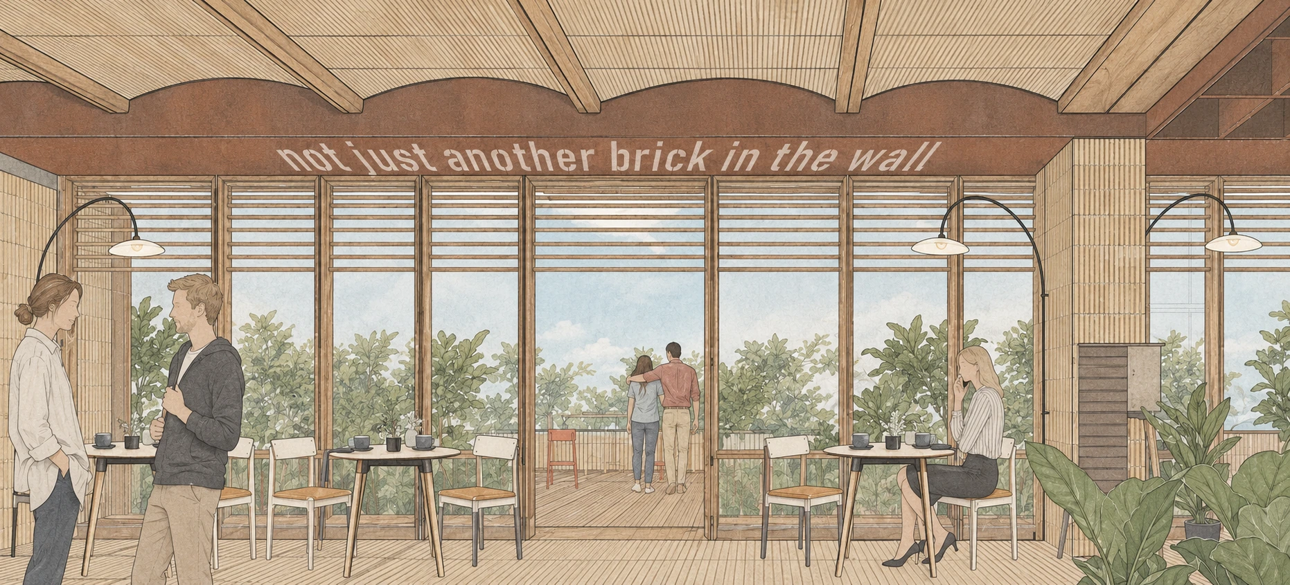 SOCIAL Vashi — Window dining concept. The window-side concept brings together tall glazing, repeated roof bays, high tables and planting.