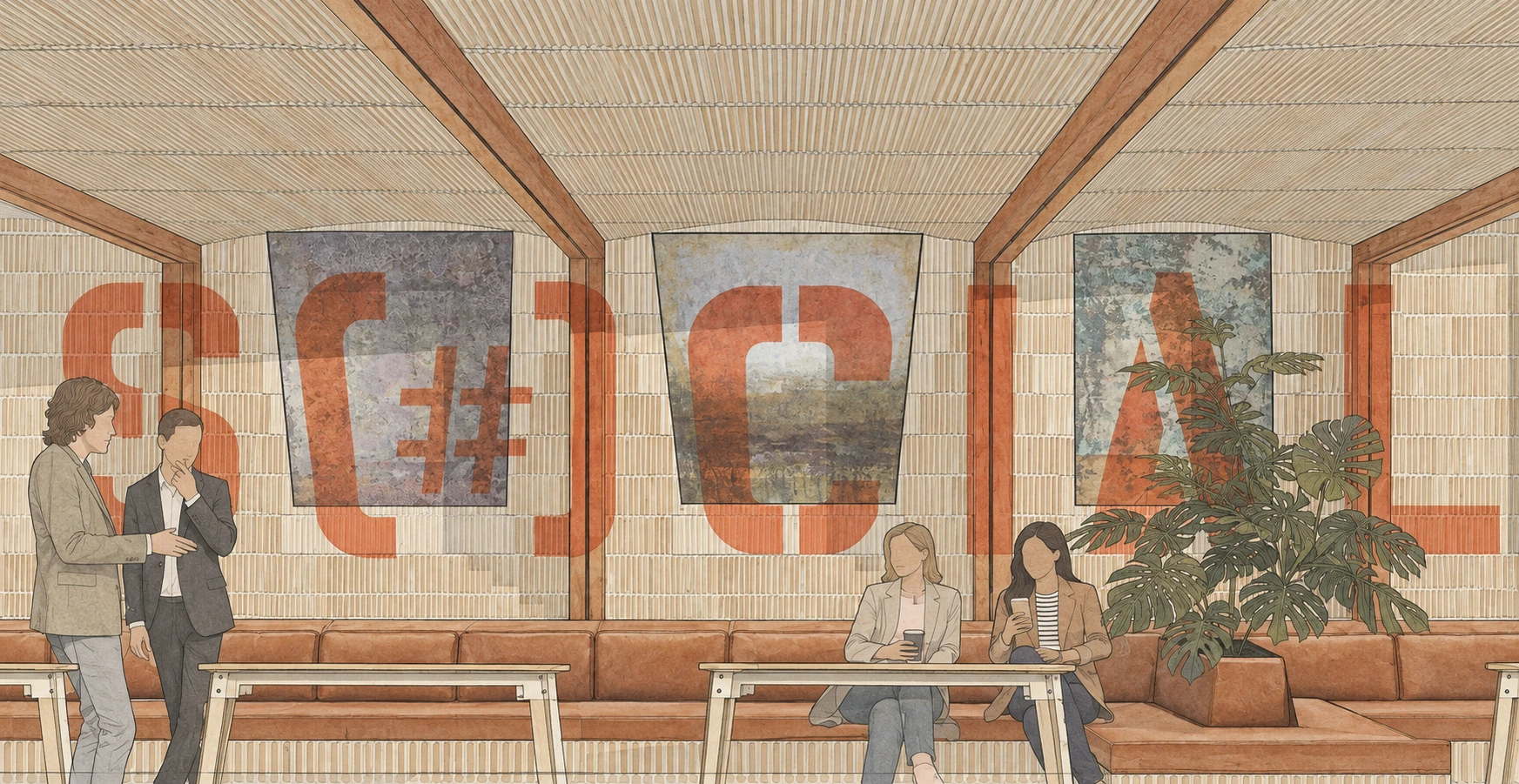 SOCIAL Vashi — Banquette concept. Brick relief, leather seating and large graphic lettering frame the banquette.