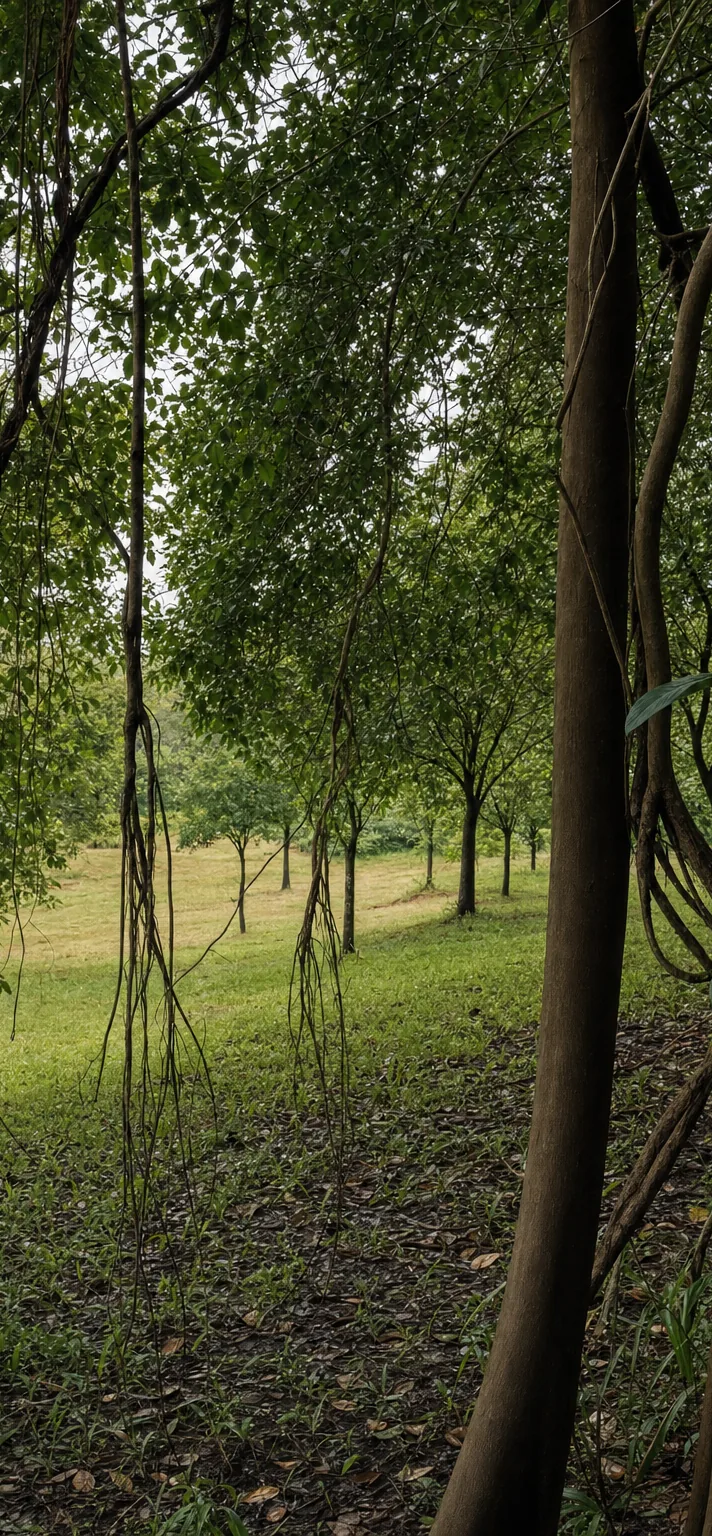 Under The Tree Karjat — The wooded site; AI-assisted architectural image edit.