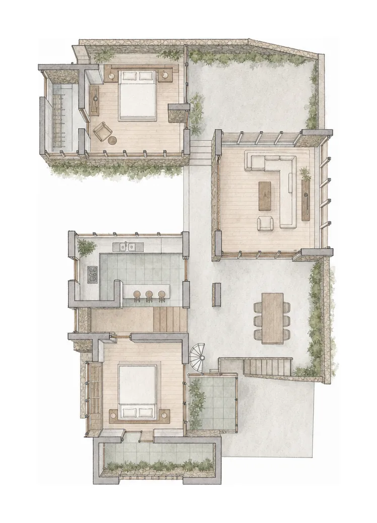 Under The Tree Karjat — Floor plan; AI-assisted architectural illustration.