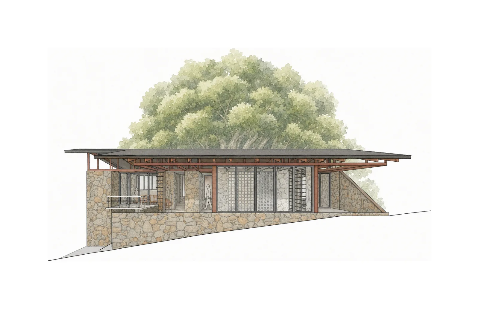 Under The Tree Karjat — Elevation with the banyan behind; AI-assisted architectural illustration.