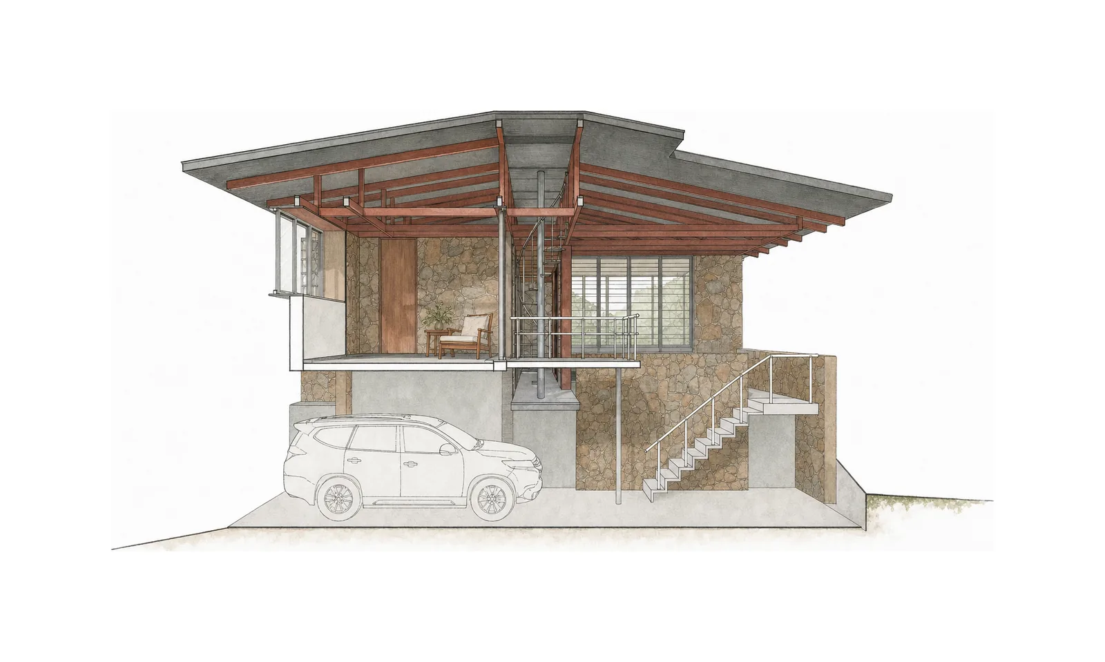 Under The Tree Karjat — Section with car in the garage below; AI-assisted architectural illustration.
