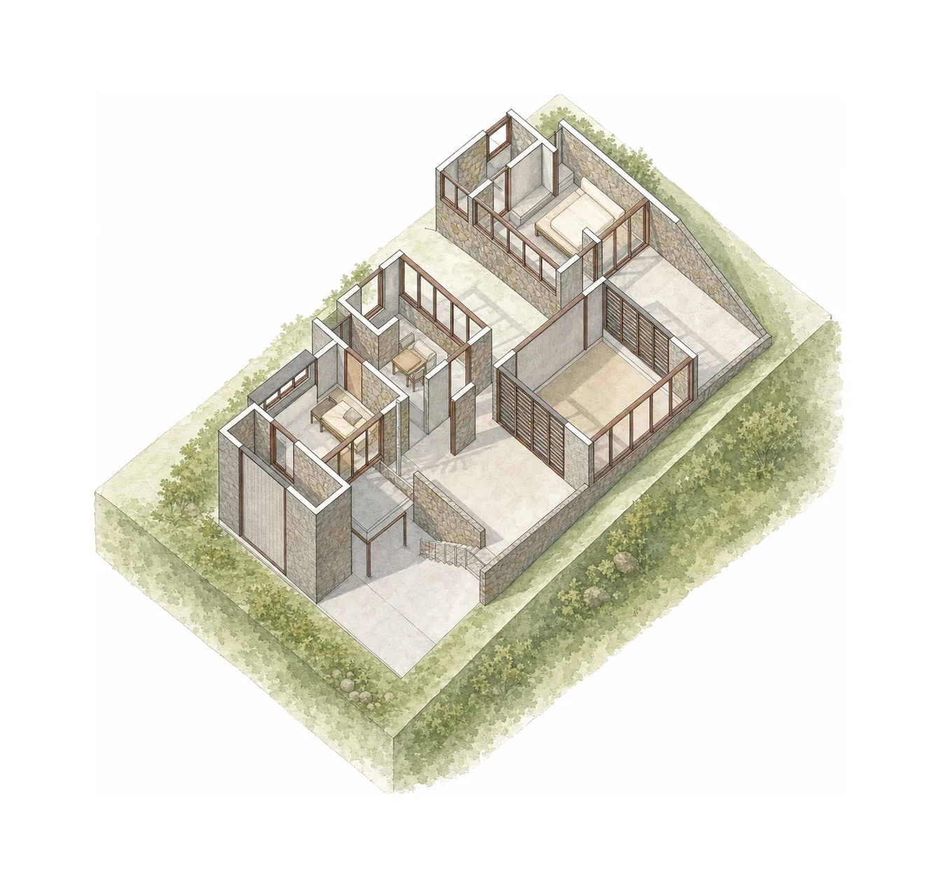 Under The Tree Karjat — Isometric of the house on its terrain; AI-assisted architectural illustration.
