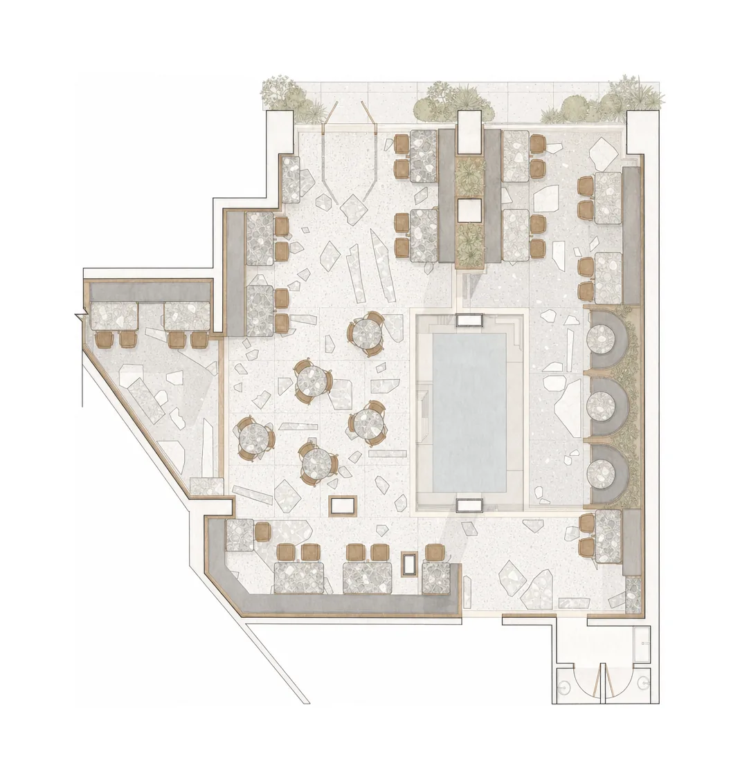 Unplugged — Furniture layout plan; AI-assisted architectural illustration.