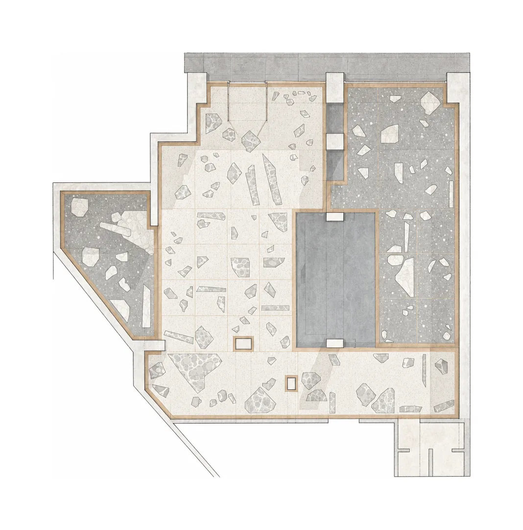 Unplugged — Flooring plan with marble-shard pattern; AI-assisted architectural illustration.