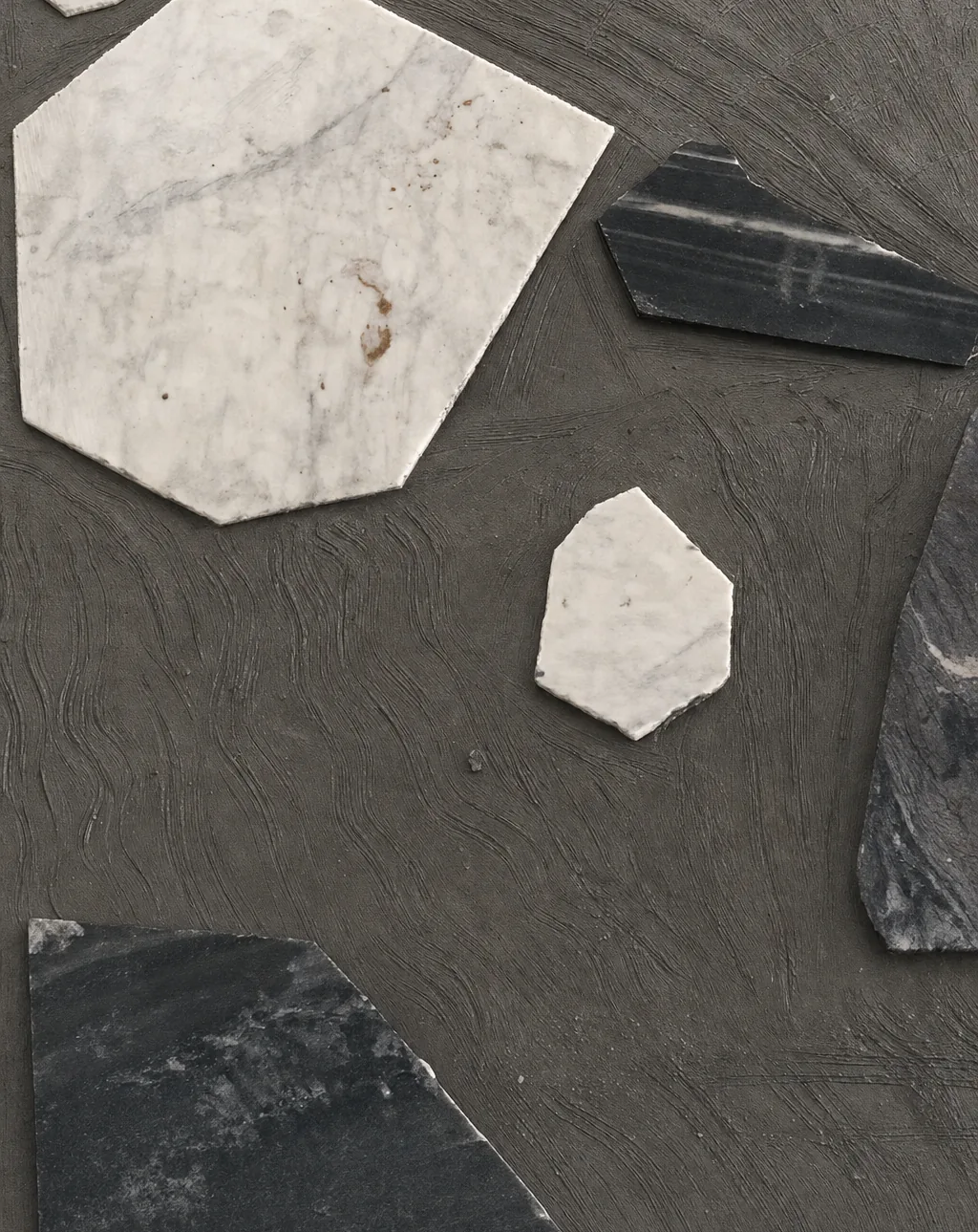 Unplugged — White marble shard inlay; AI-assisted architectural image edit.