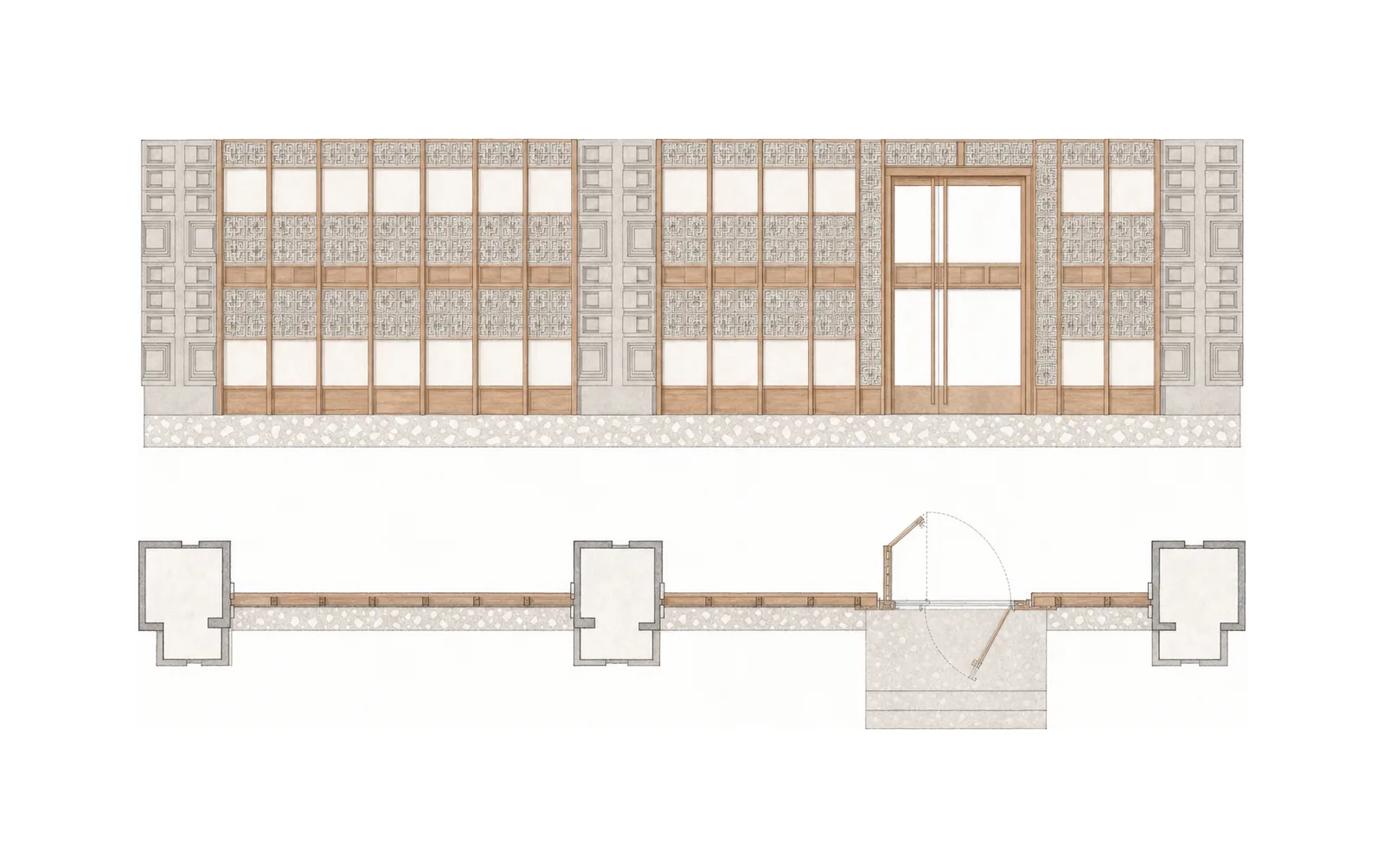 Unplugged — Facade elevation; AI-assisted architectural illustration.