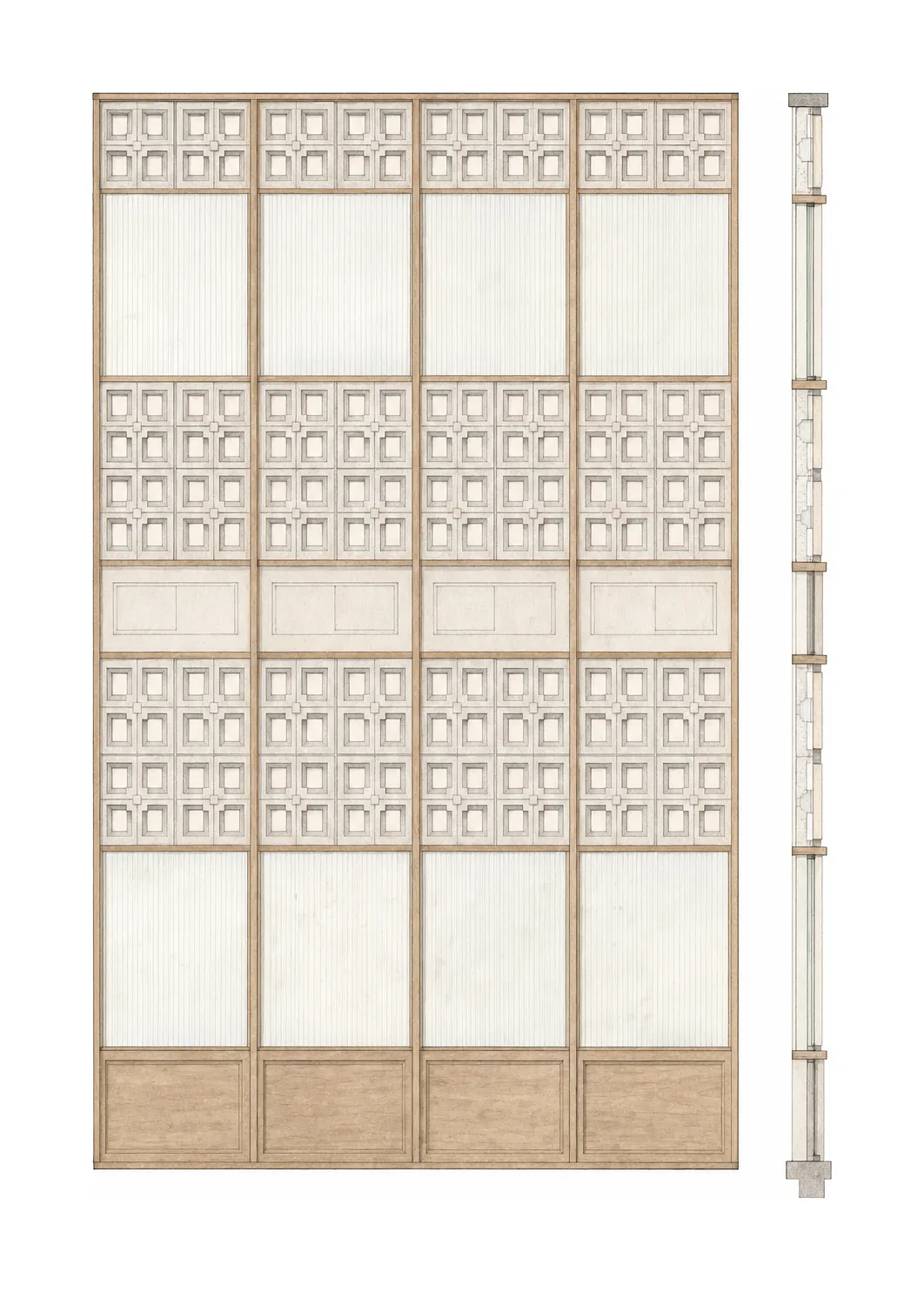 Unplugged — Facade detail, elevation and section; AI-assisted architectural illustration.