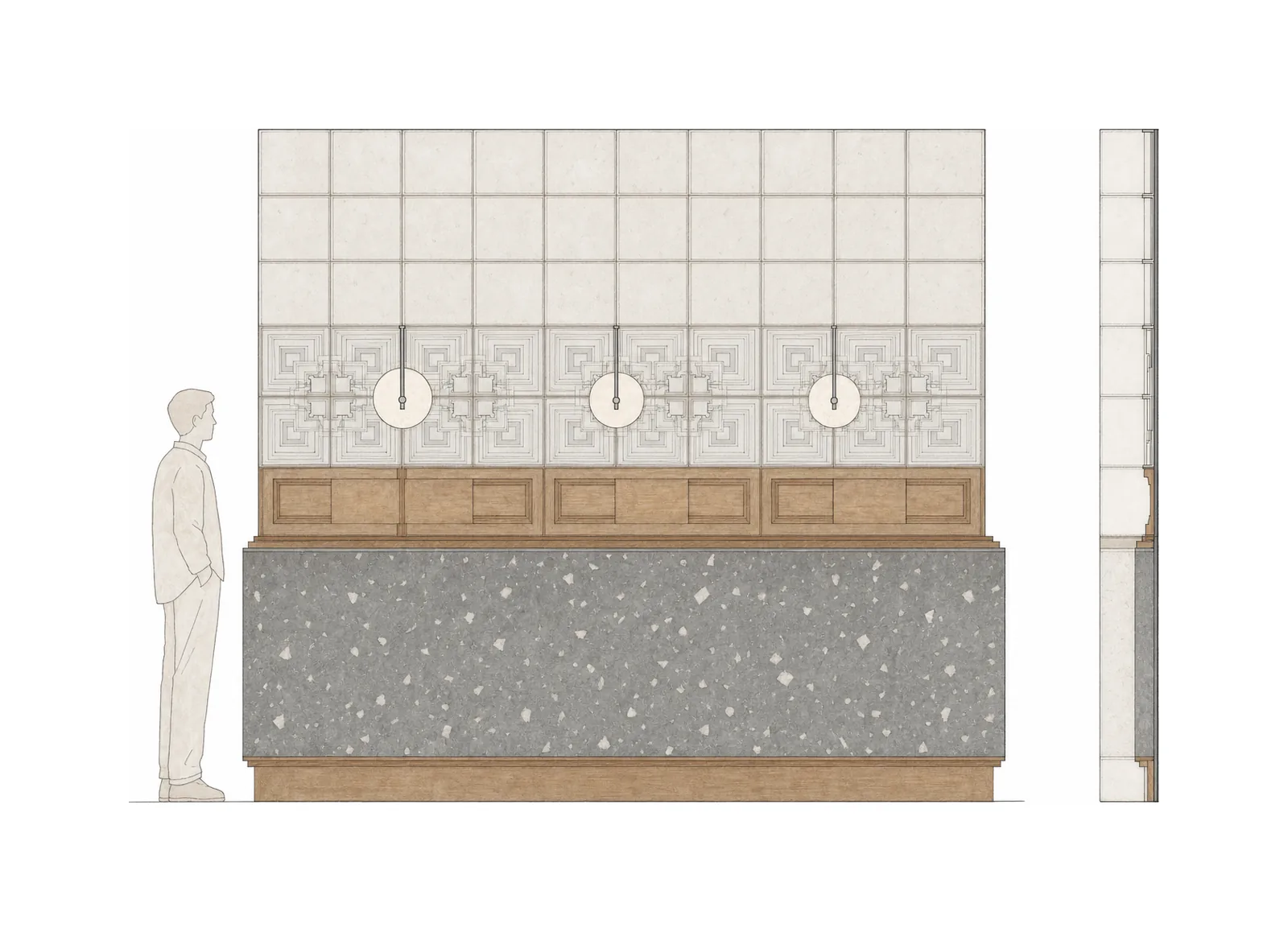 Unplugged — Counter elevation with tile wall and lights; AI-assisted architectural illustration.