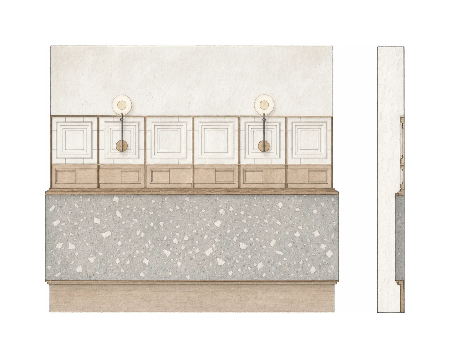 Unplugged — Second counter elevation; AI-assisted architectural illustration.