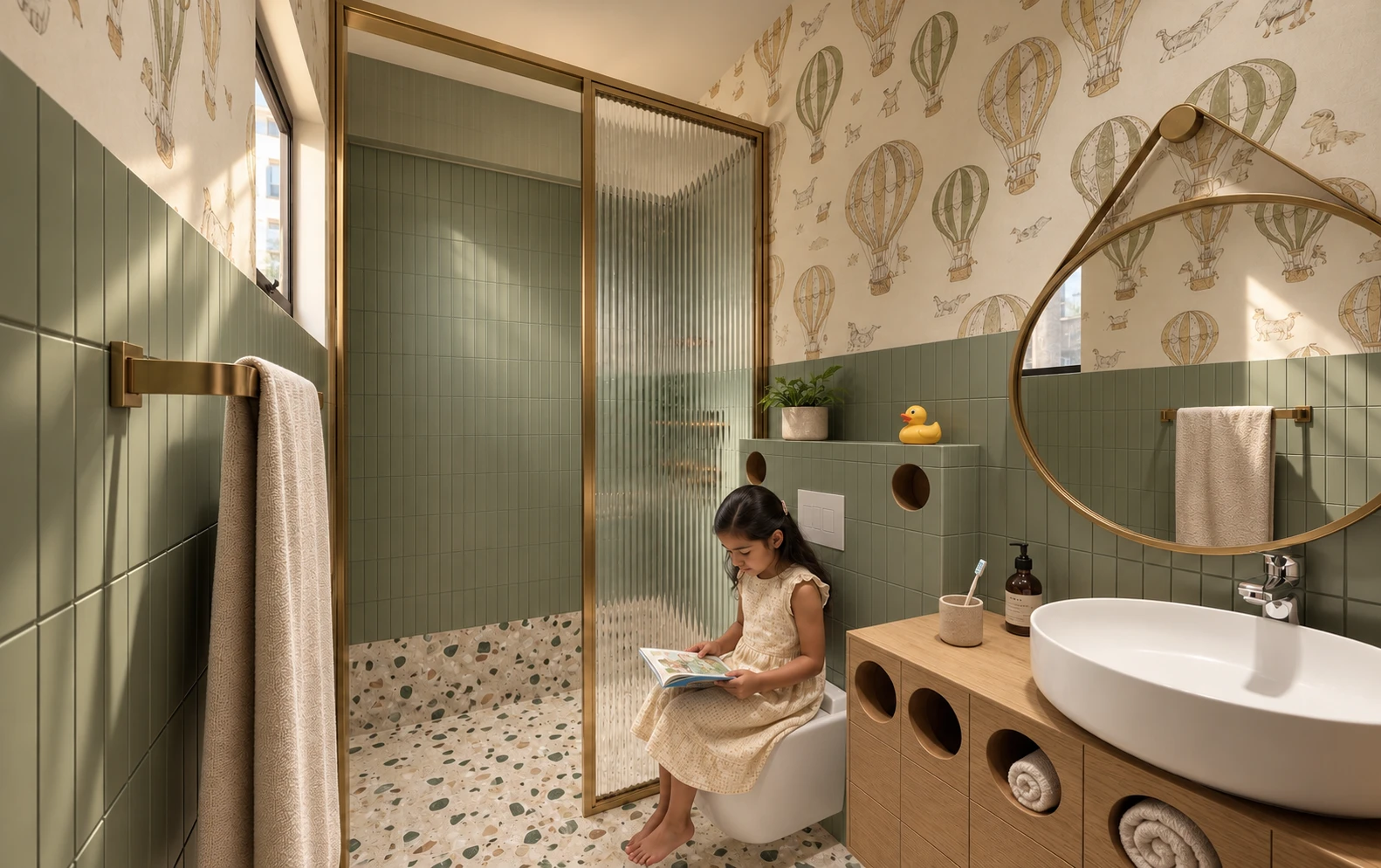 XBKC — Kids’ washroom; AI-assisted architectural visualisation.