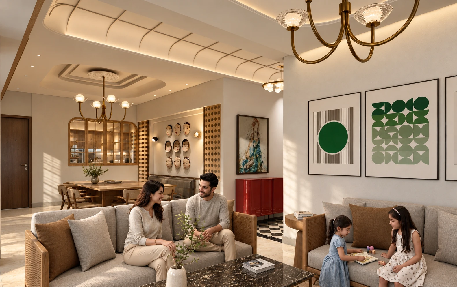XBKC — Living and dining — View 03; AI-assisted architectural visualisation.